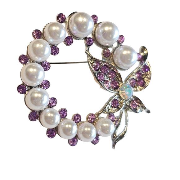Purple Brooch Pin Faux Pearl Rhinestone Butterfly Silver Tone Wreath Gift Box - Picture 4 of 10